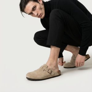 Klapki Berlin Boston Unisex — Zamsz Ekologiczny Sand — Korkowa Podeszwa — Klamra Regulowana