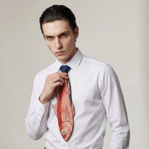 Krawat z Haftowaną Rybą Granatowy Designerski Męski Statement Piece