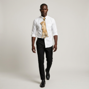 Krawat z Kotem Beżowy Brytyjski Golden Designerski Statement Piece